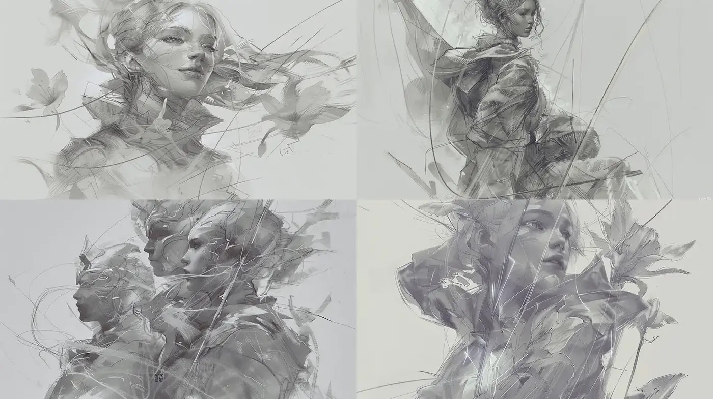 Elegant and Ethereal Portraits with a Touch of Nature in Monochromatic Tones - Midjourney sref style