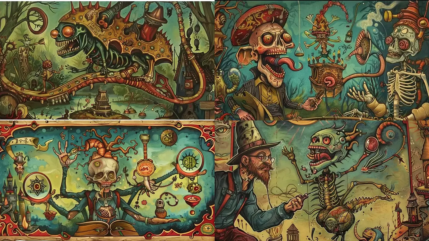 Eccentric Steampunk Reverie with Vivid Surrealist Overtones - Midjourney sref style