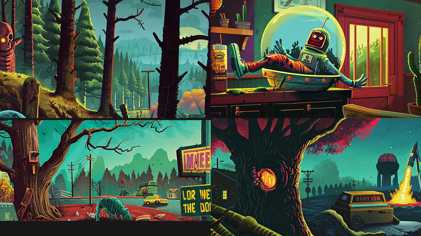 Retrofuturistic Twilight Ambiance in Vivid Digital Illustration - Midjourney sref style