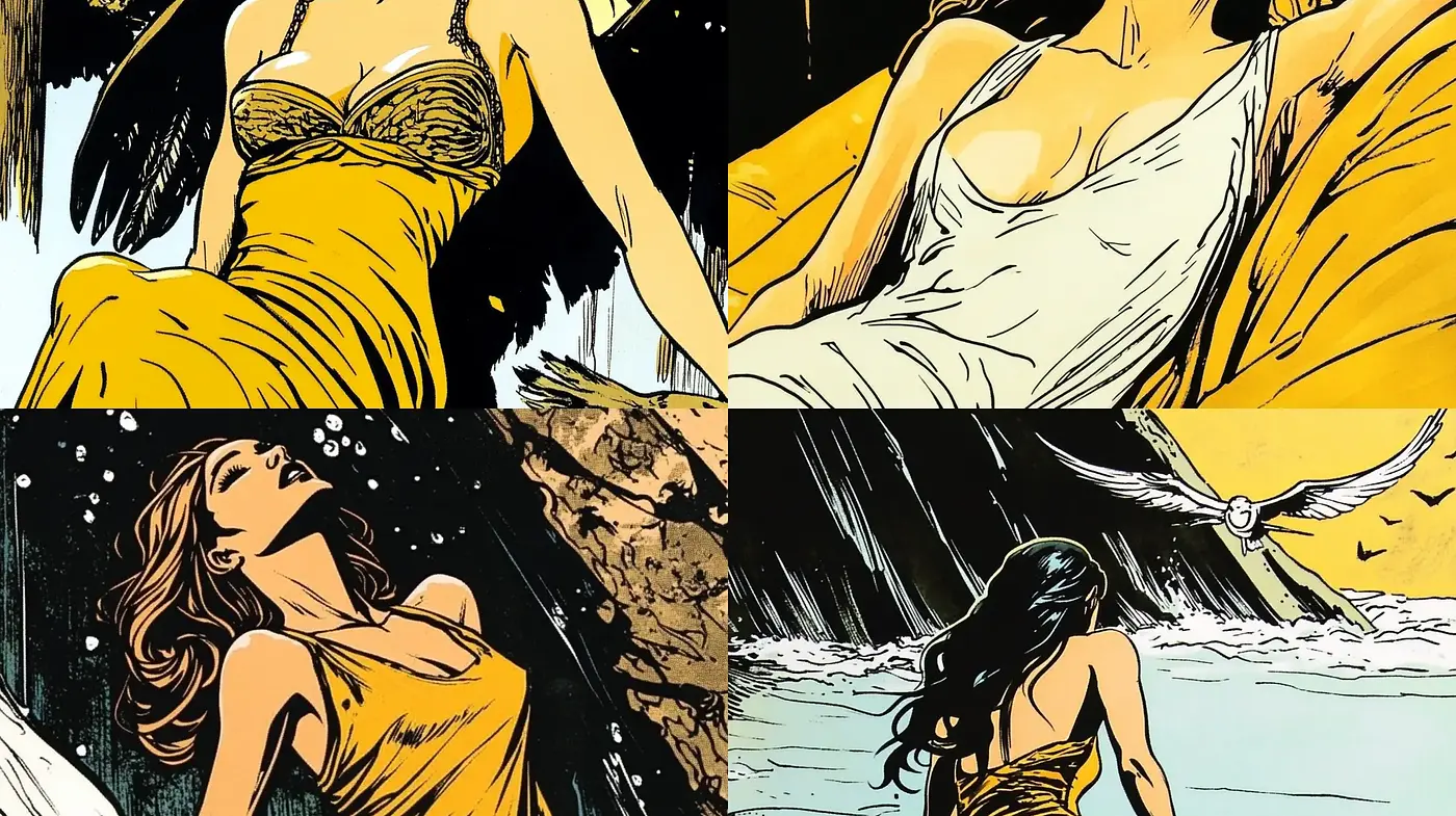 Retro Noir Comic Elegance in Monochrome and Gold - Midjourney sref style