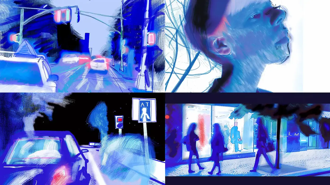 Dynamic and Expressive Blue Tones in Urban Scenarios - Midjourney sref style
