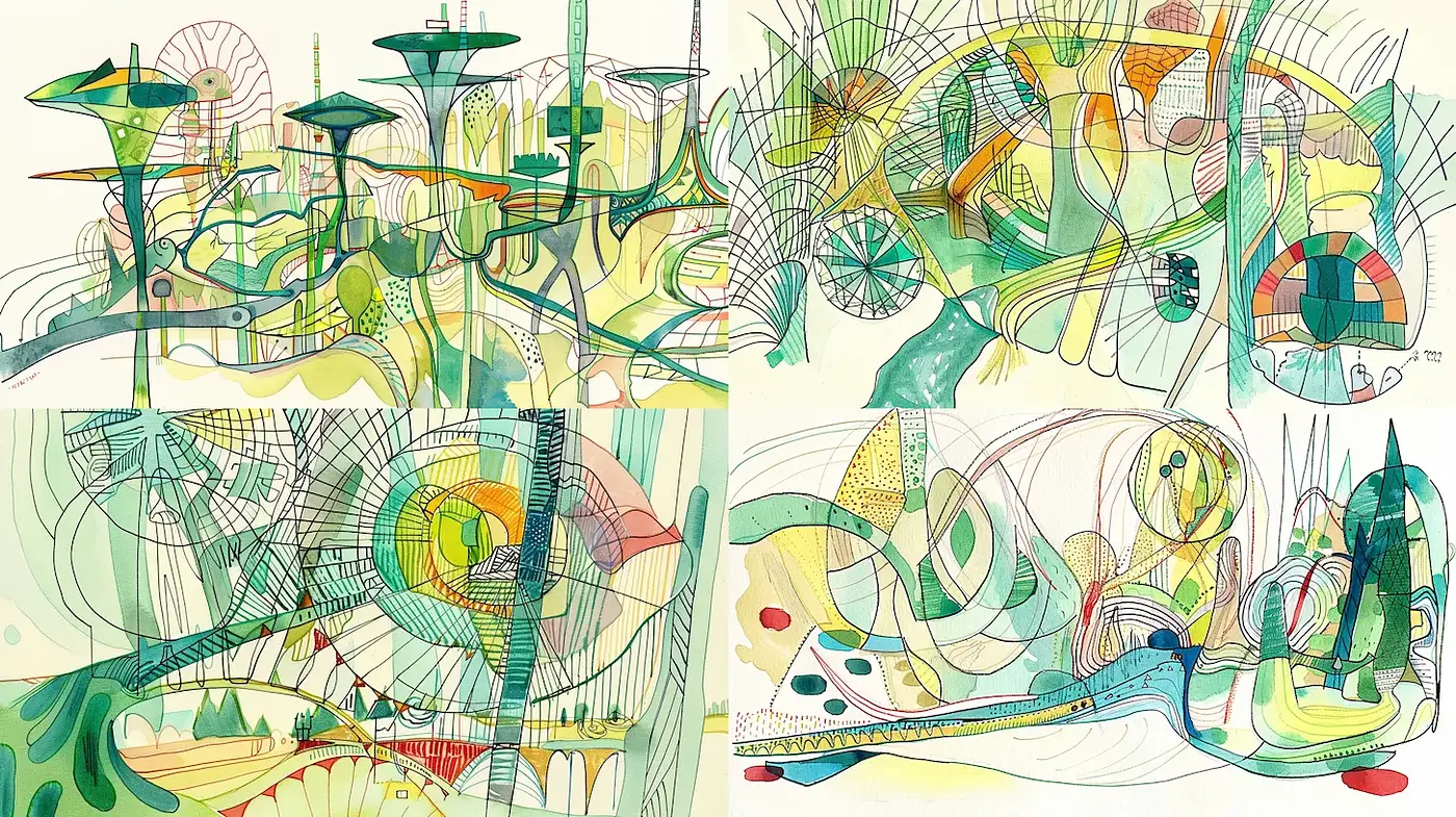 Whimsical and Colorful Abstract Landscapes with Fluid Lines - Midjourney sref style