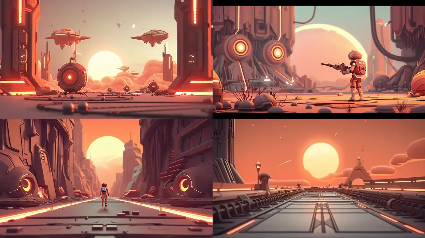 Futuristic landscapes with a consistent retro-futuristic aesthetic and vibrant colors - Midjourney sref style