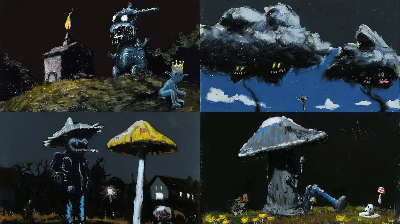 Eerie Landscapes with Surreal Characters and Bold Colors - Midjourney sref style