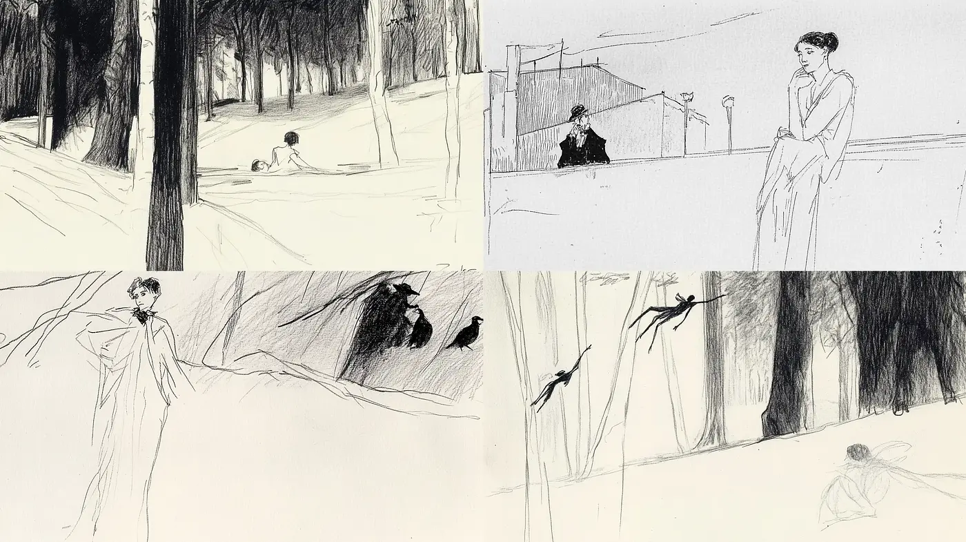 Ethereal Monochrome Echoes in Sketch Form - Midjourney sref style