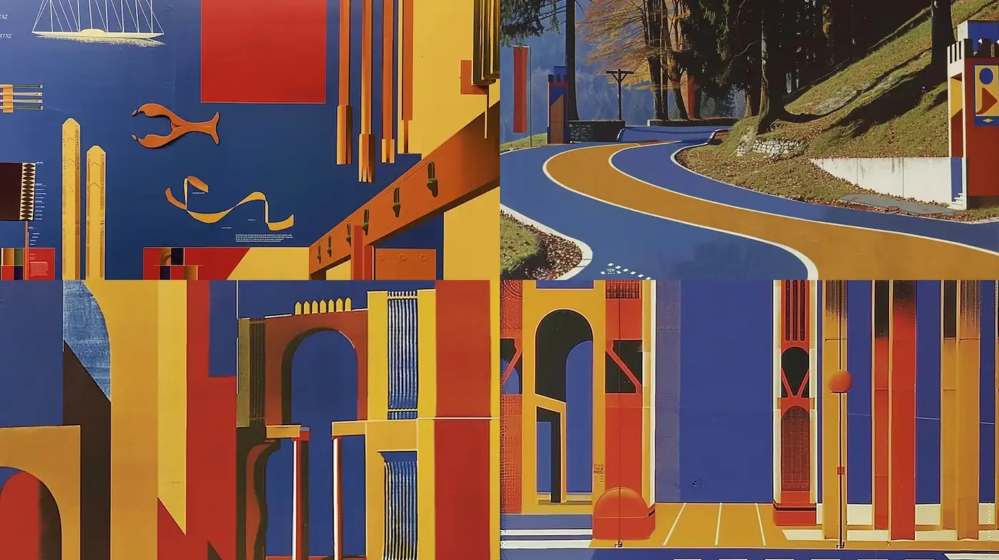 Vibrant Geometric Composition with Architectural Elements - Midjourney sref style
