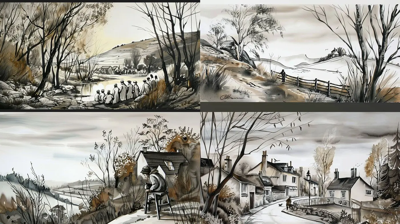 Monochromatic Whispers of Tranquil Landscapes and Nostalgic Vignettes - Midjourney sref style