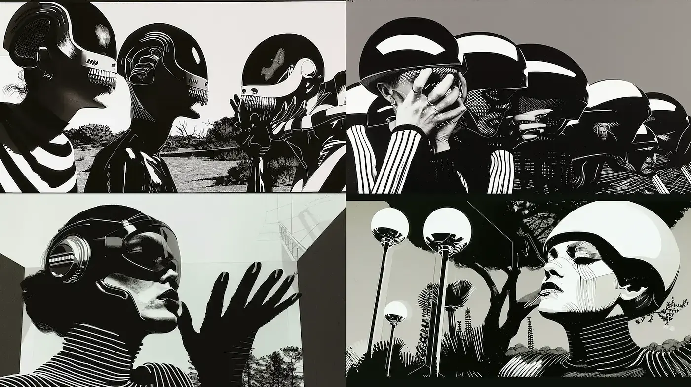 Futuristic monochrome with retro aesthetics blending technology and humanity - Midjourney sref style