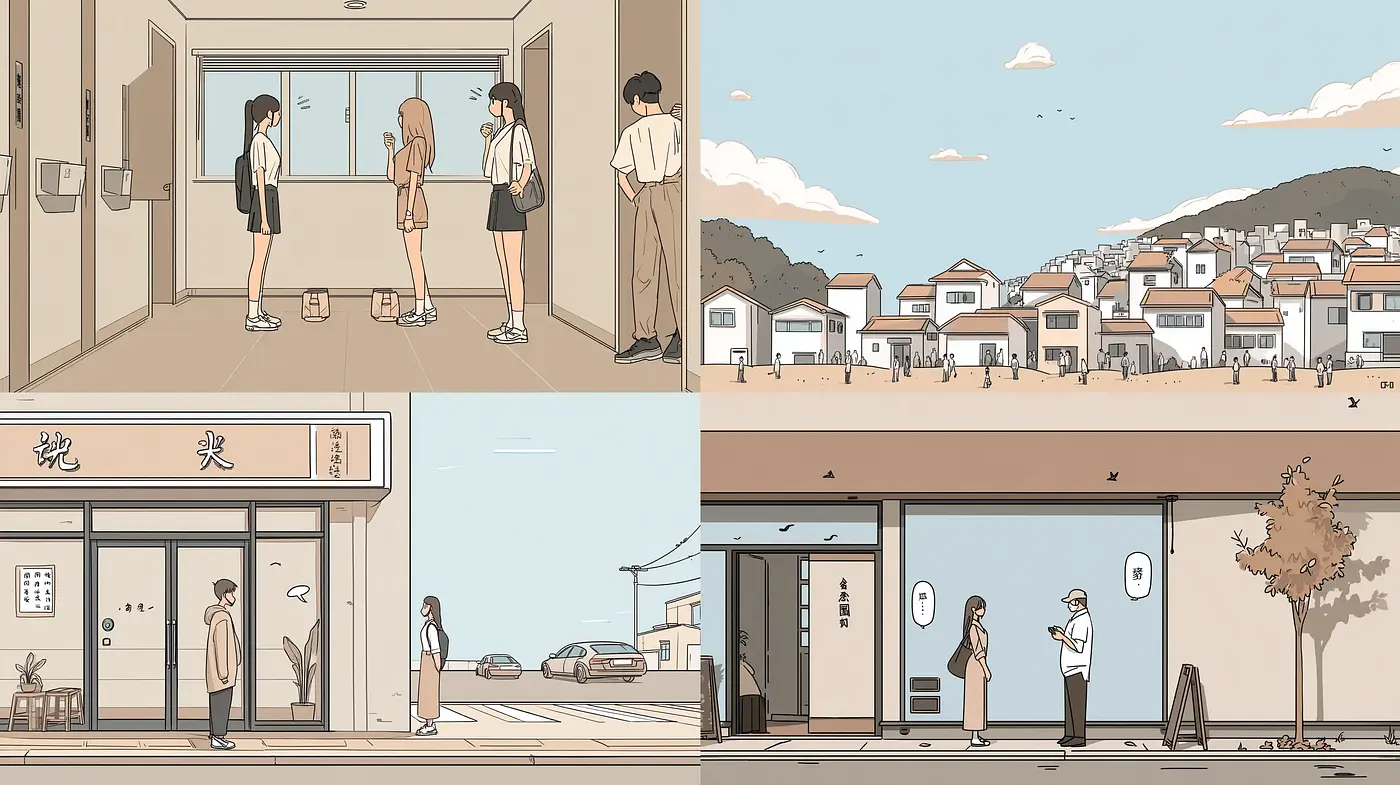 Contemporary Illustrations with Subtle Architectural Themes and Human Interaction - Midjourney sref style
