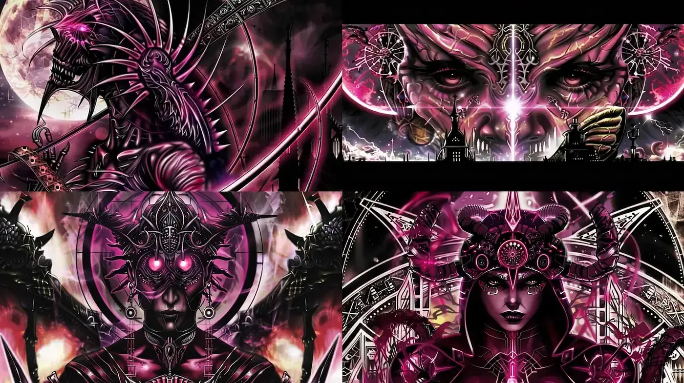 Dark, intricate fantasy art with striking contrast and ethereal elements - Midjourney sref style