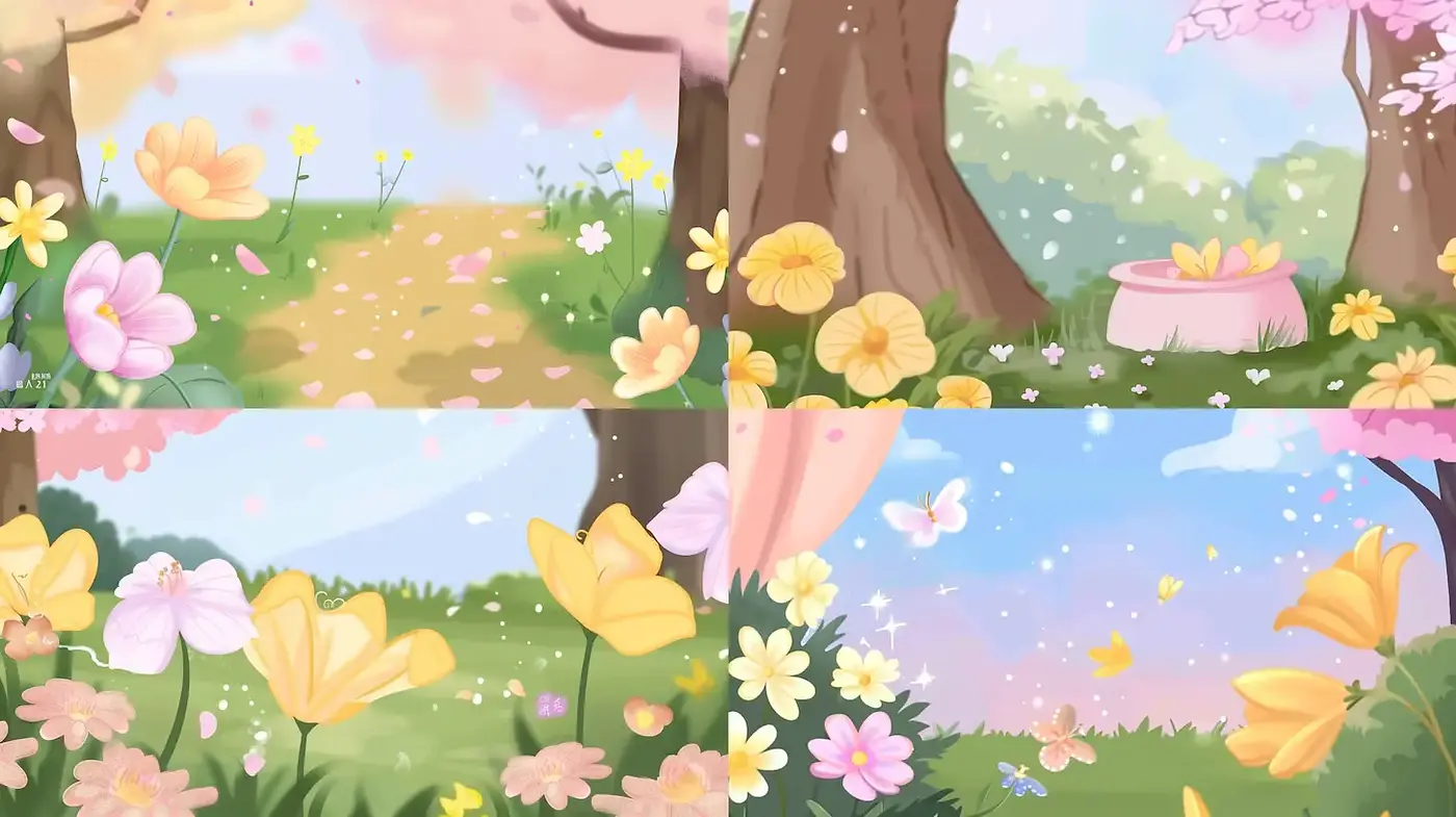 Charming and Whimsical Spring Landscapes with Consistent Floral Motifs - Midjourney sref style