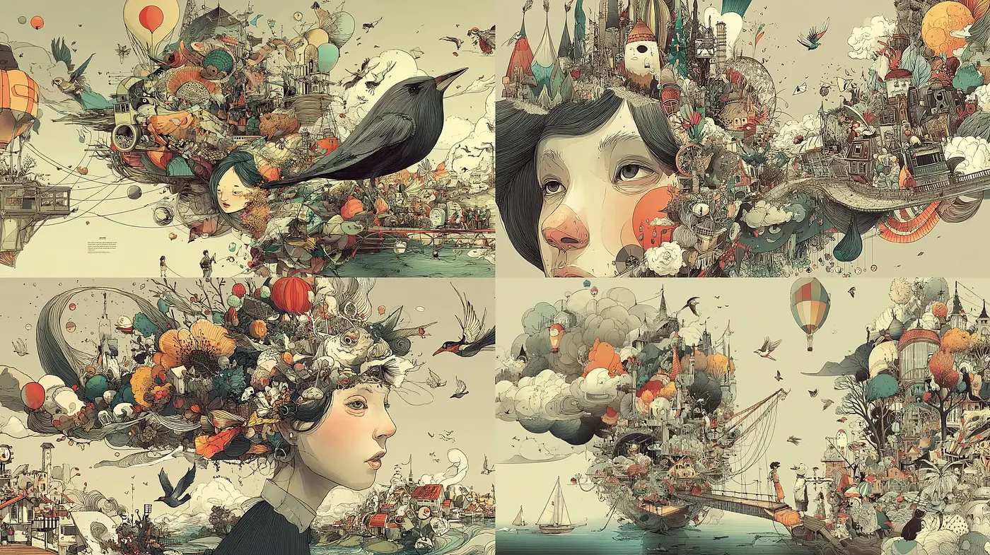 Whimsical Surrealism with Playful Complexity and Organic Forms - Midjourney sref style
