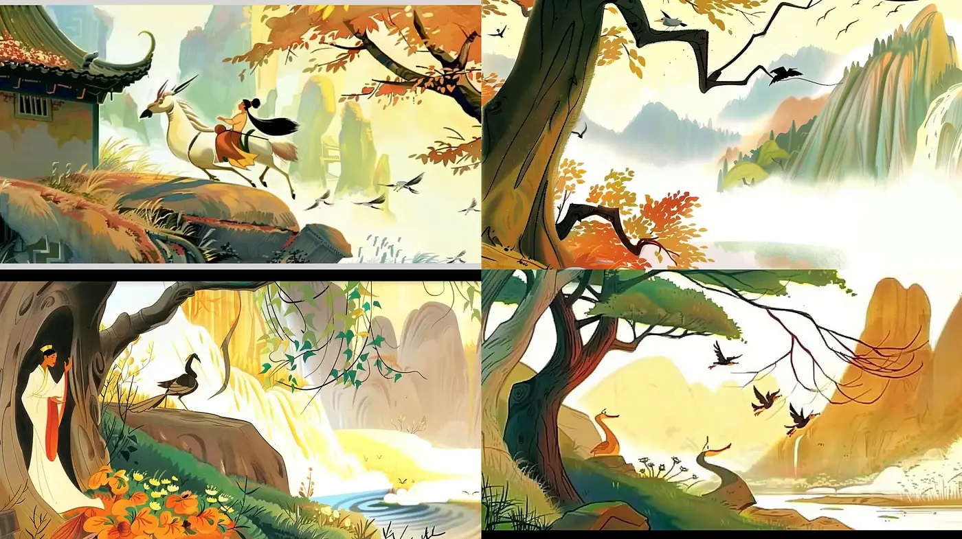 Pastoral Symphony with Stylized Nature and Serene Characters - Midjourney sref style