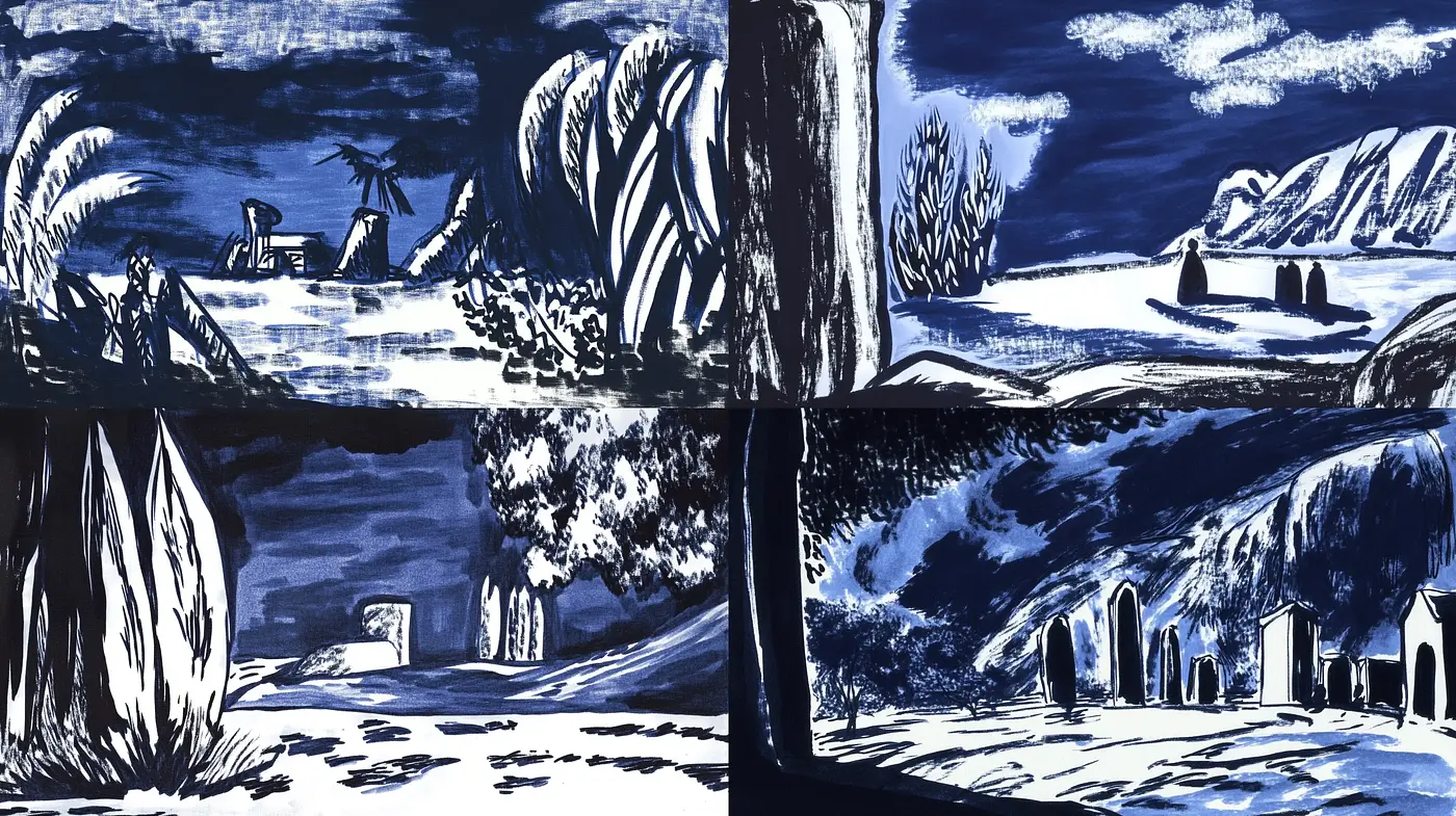 Nocturnal Contrasts in Stylized Ink Wash - Midjourney sref style
