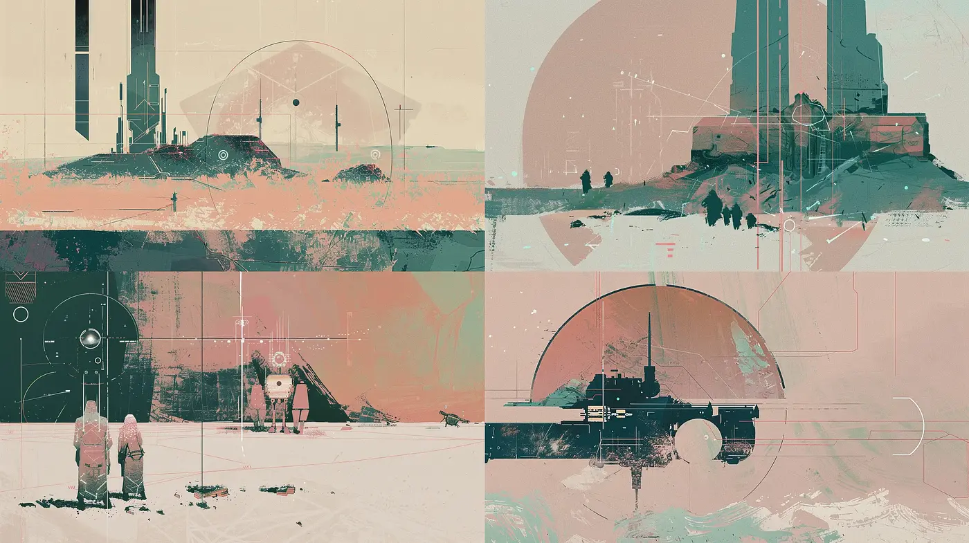Retro-Futuristic Wasteland Visions with a Matte Palette - Midjourney sref style