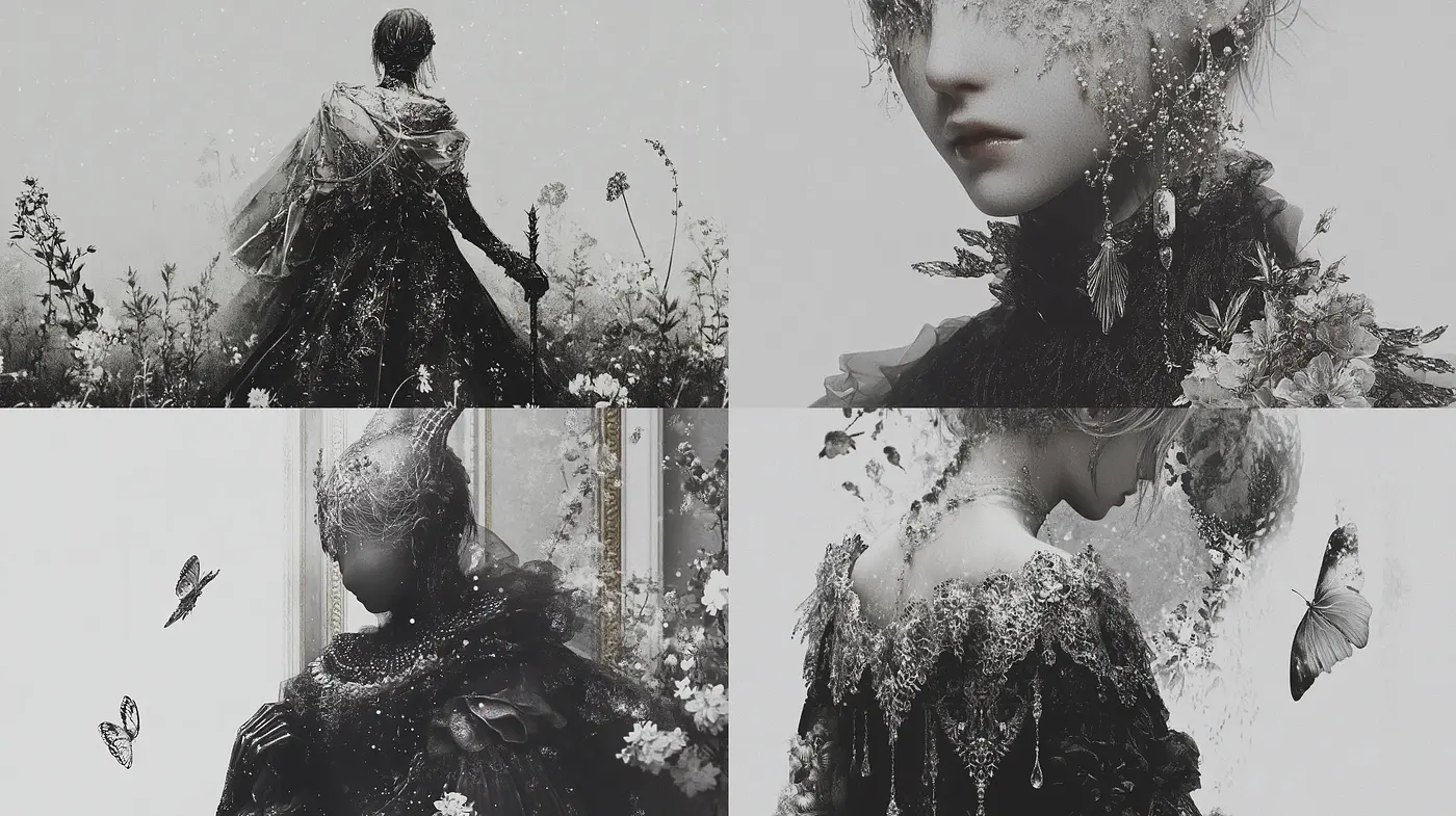 Monochromatic Elegance with Ethereal Nature Fusion - Midjourney sref style