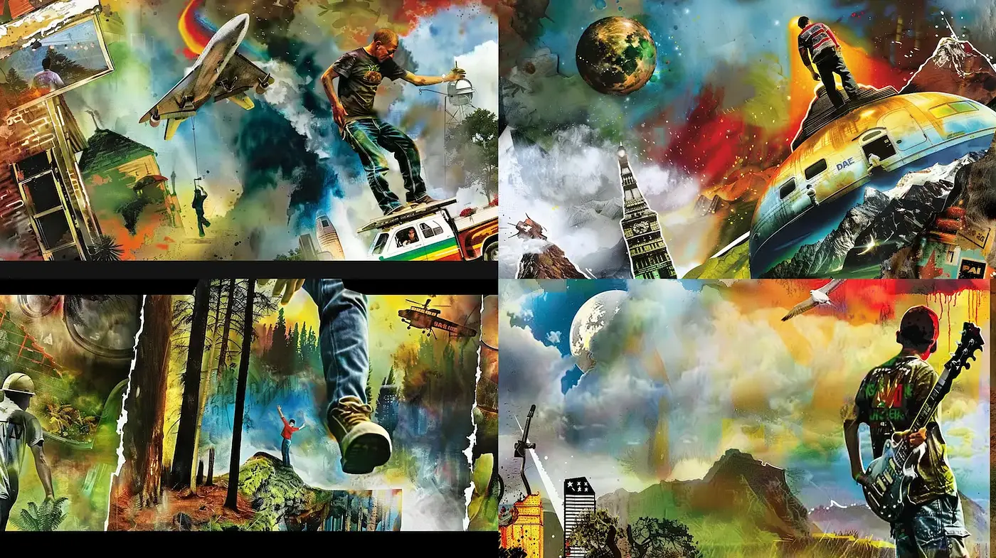 Dynamic Surrealist Exploration with a Fusion of Urban Elements - Midjourney sref style