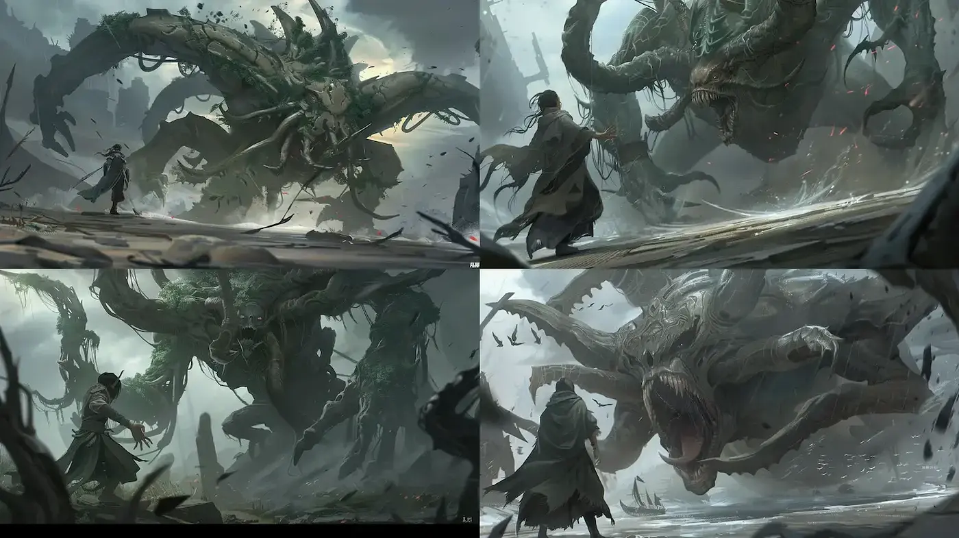 Epic and Mysterious Fantasy Landscapes with Monstrous Entities - Midjourney sref style