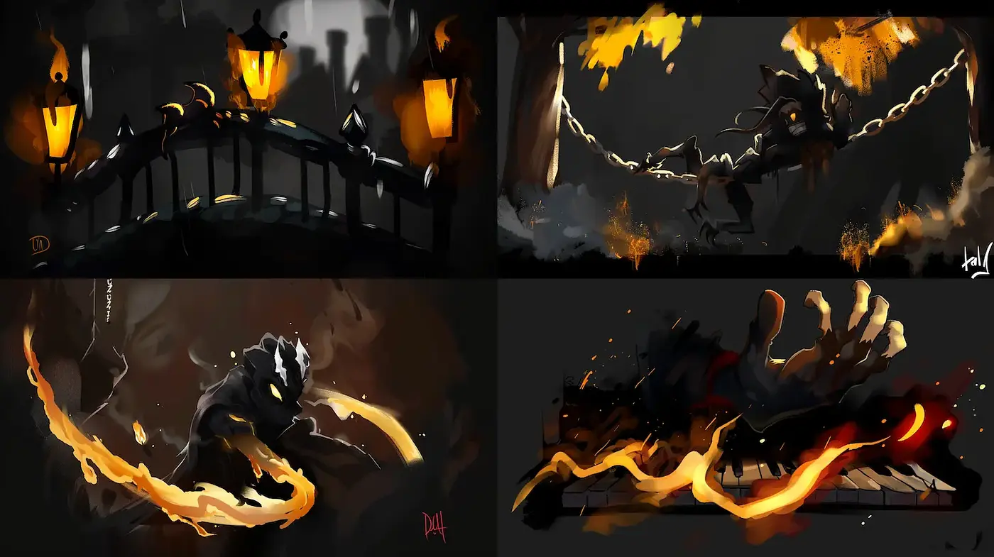 Dark and Dynamic Fantasy Art with Fiery Elements - Midjourney sref style