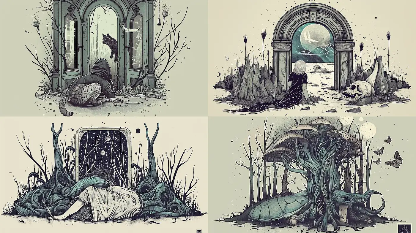 Whimsical and Dark Surreal Landscape Art with Nature Elements - Midjourney sref style