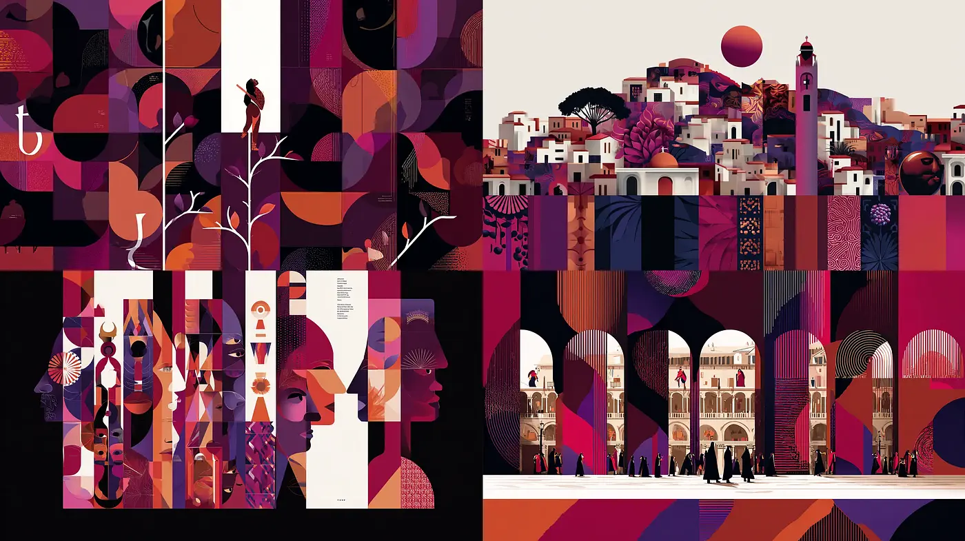 Stylized Vibrant Illustrations with Geometric Elements and Rich Textures - Midjourney sref style