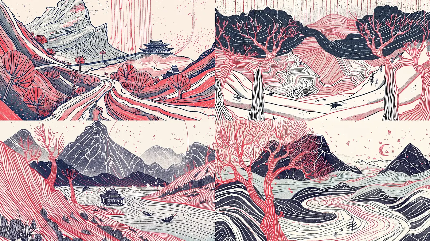 Stylized Nature Panorama with Woodblock Print Vibes - Midjourney sref style