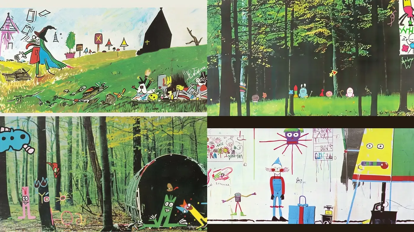 Whimsical Forest Fusion with Stylized Cartoonish Characters - Midjourney sref style