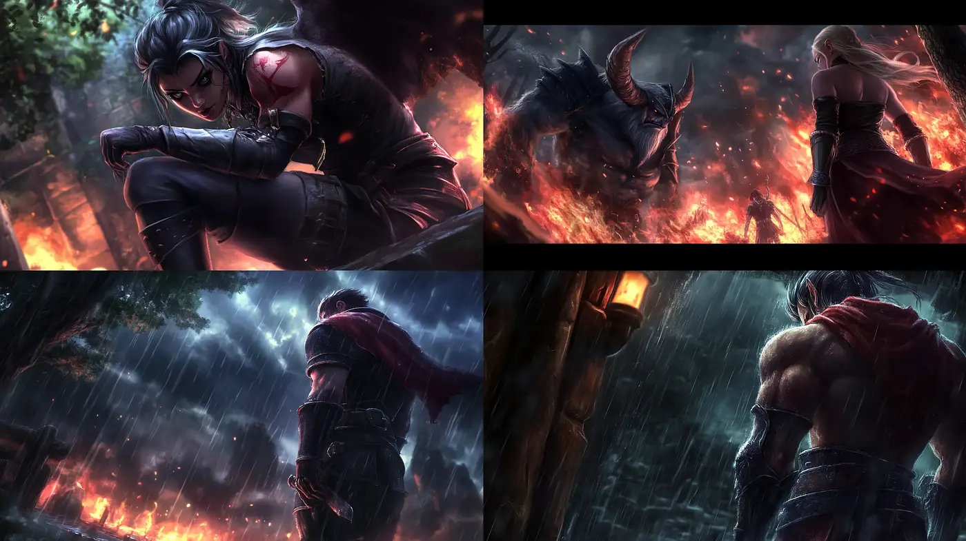 Rain-soaked Epic Saga: Intense Atmosphere and Dynamic Characters - Midjourney sref style