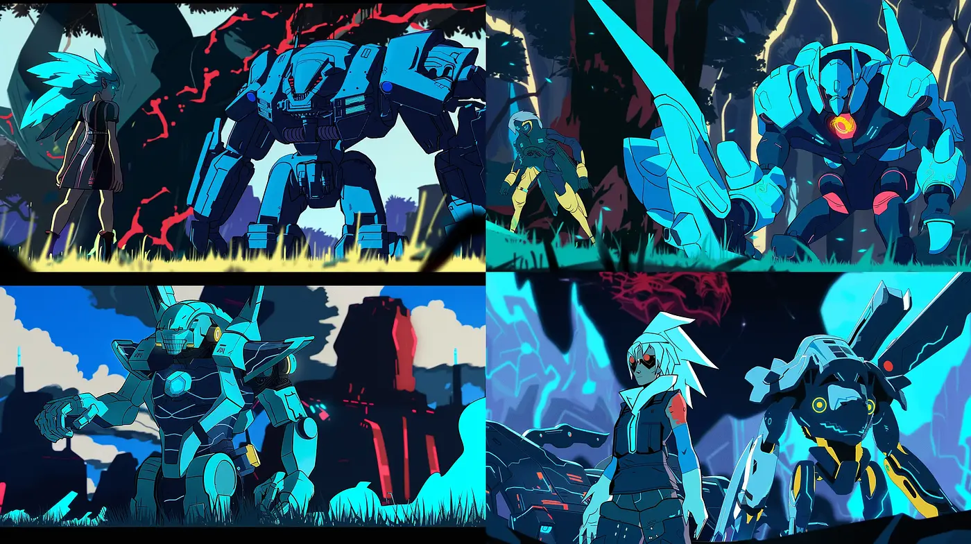Futuristic Mech Conflict in Stylized Neon Palette - Midjourney sref style