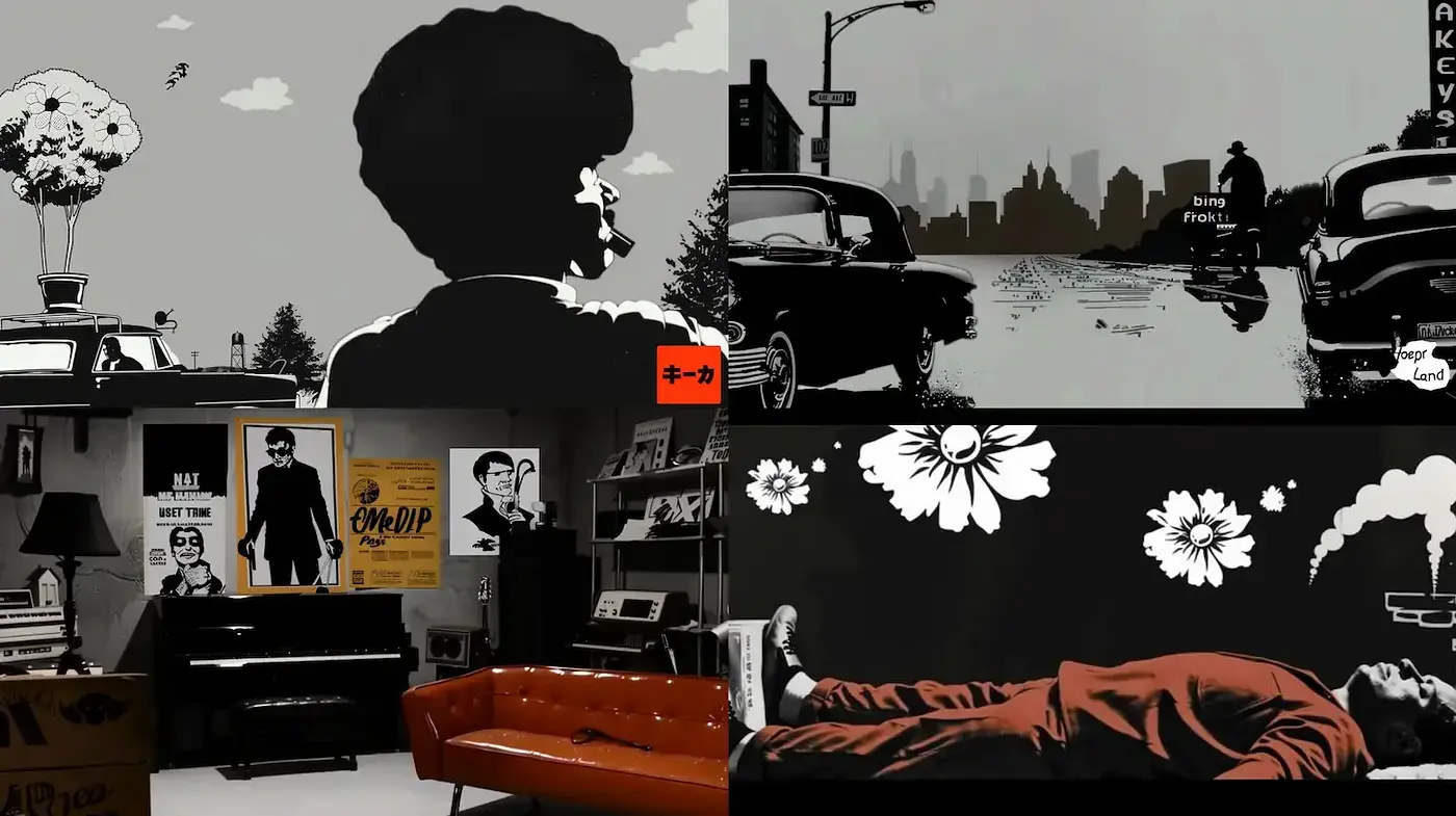 Stylized Noir Composition with Vintage Touch - Midjourney sref style