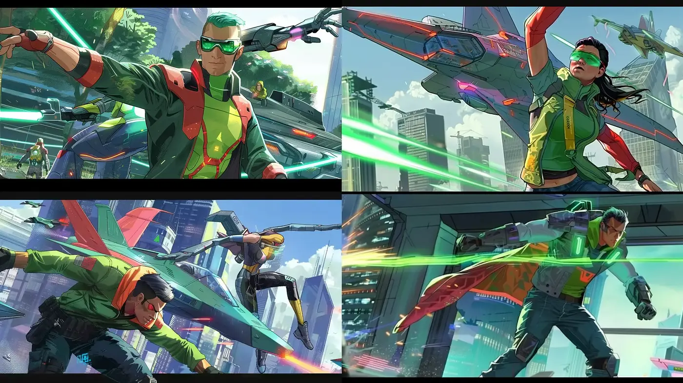 Futuristic Dynamic Action with Vivid Neon Aesthetics - Midjourney sref style