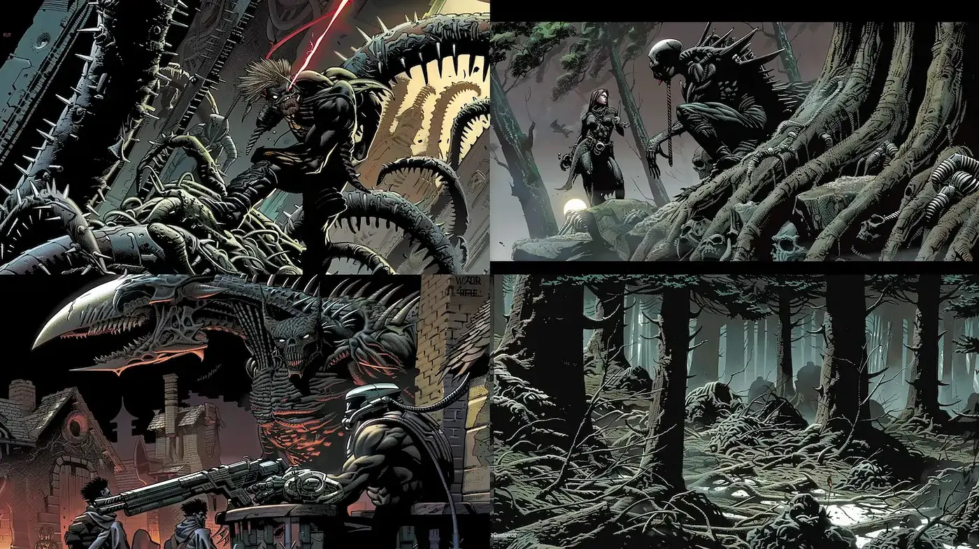 Dark, Intricate Comic Style with Organic and Mechanical Elements - Midjourney sref style