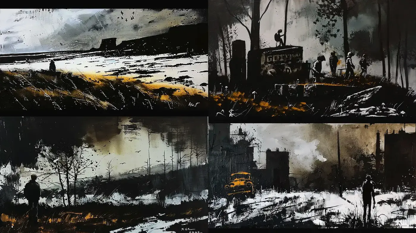 Gloomy Post-Apocalyptic Vistas in Monochromatic Hues - Midjourney sref style