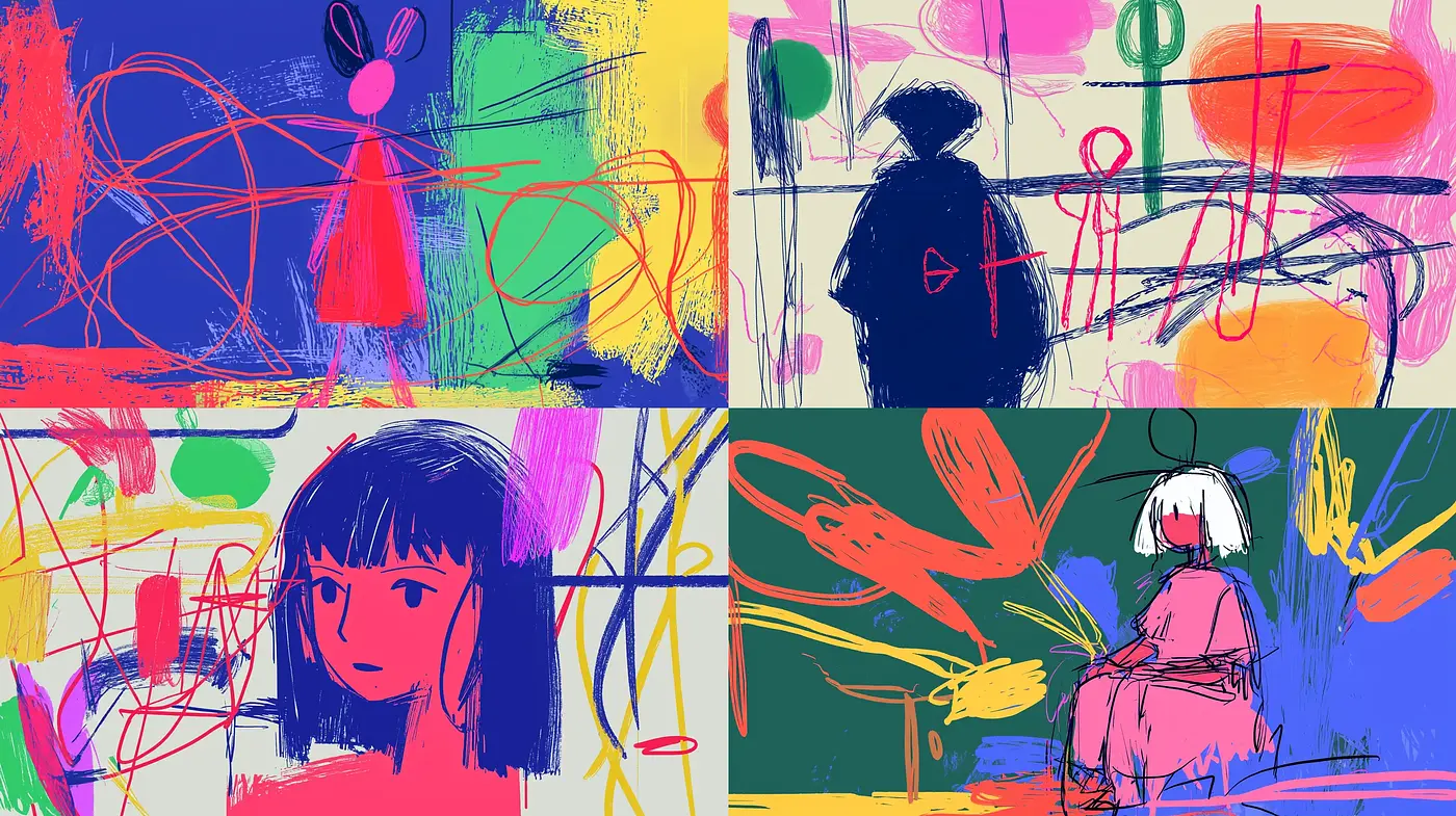 Abstract Expressionist Fusion with Animated Character Forms - Midjourney sref style