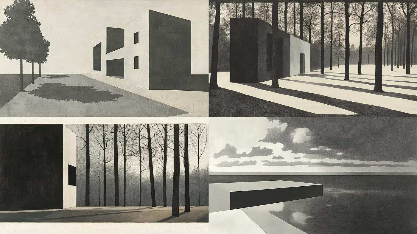 Monochromatic Serenity: Homage to Architectural Minimalism and Solitude - Midjourney sref style