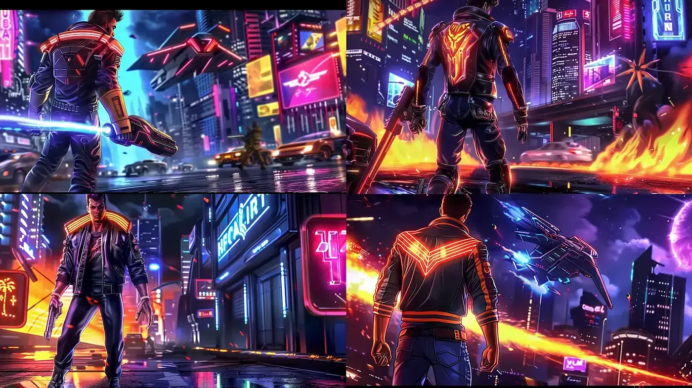 Cyberpunk-inspired glowing neon cityscapes with dynamic figures - Midjourney sref style