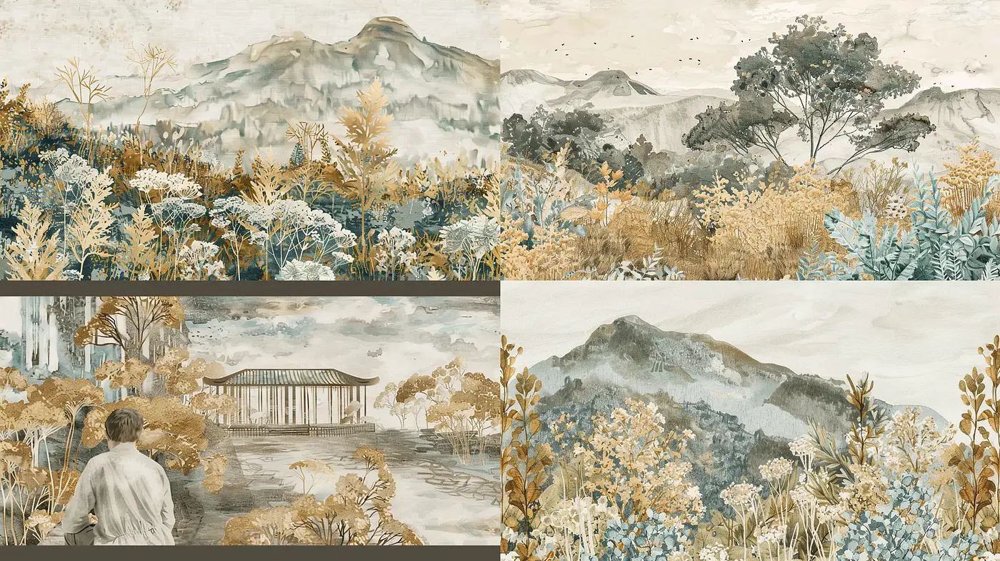 Serene Landscape Watercolor Series with Pastoral Elegance - Midjourney sref style