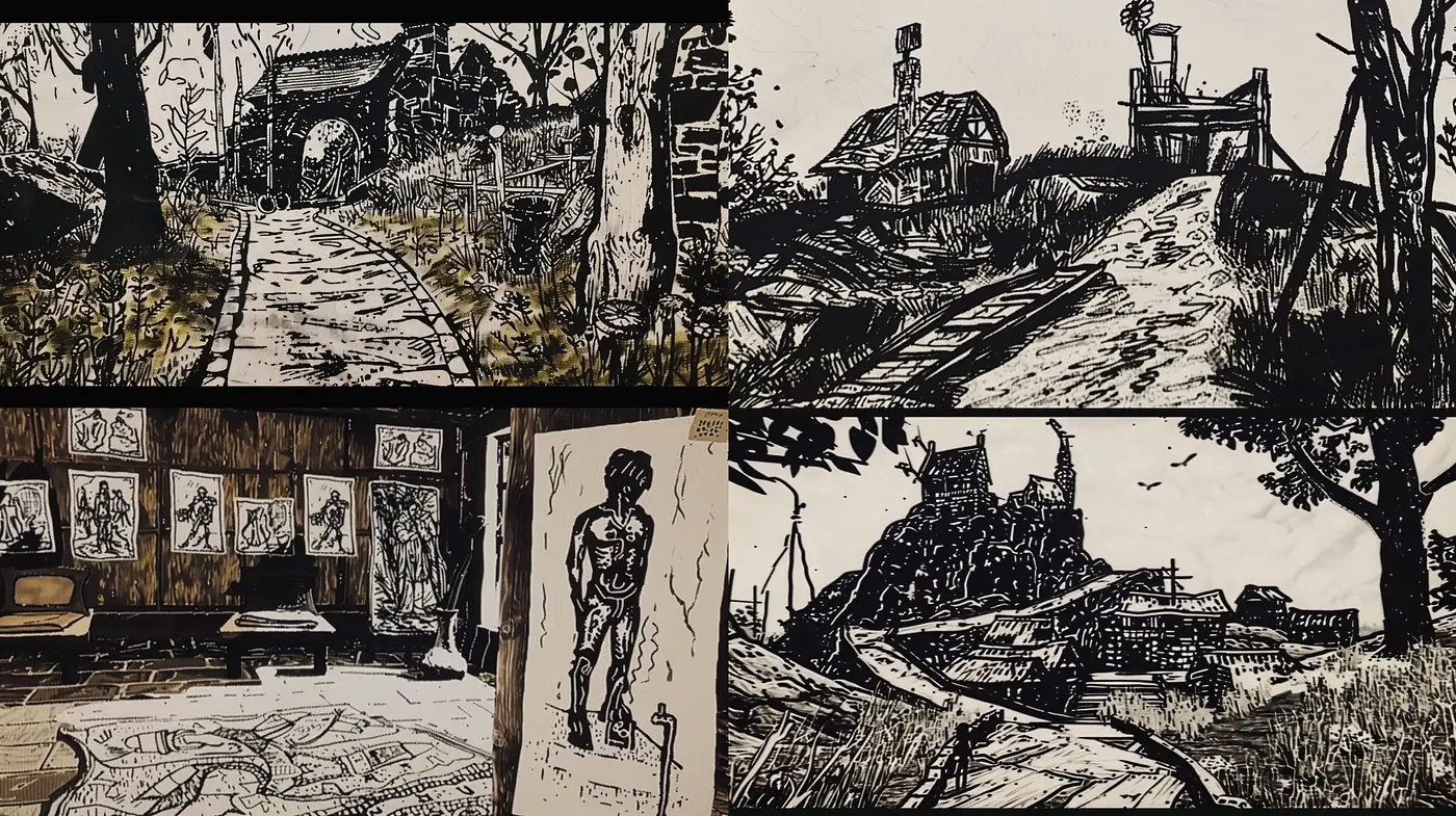 Intricately Inked Monochromatic Vignettes of Rustic and Architectural Scenes - Midjourney sref style