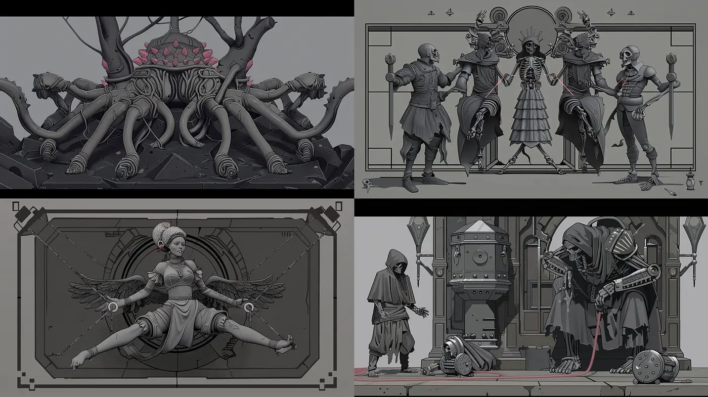 Monochromatic Mechanical Renaissance - Midjourney sref style