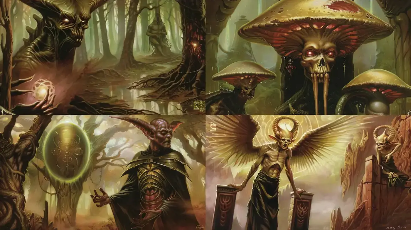 Dark Fantasy with Surreal Elements and Organic Textures - Midjourney sref style