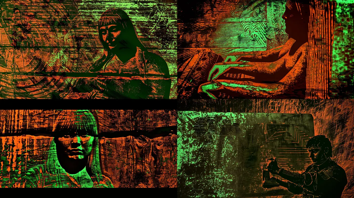 Emerald Shadows Grunge Textural Fusion - Midjourney sref style