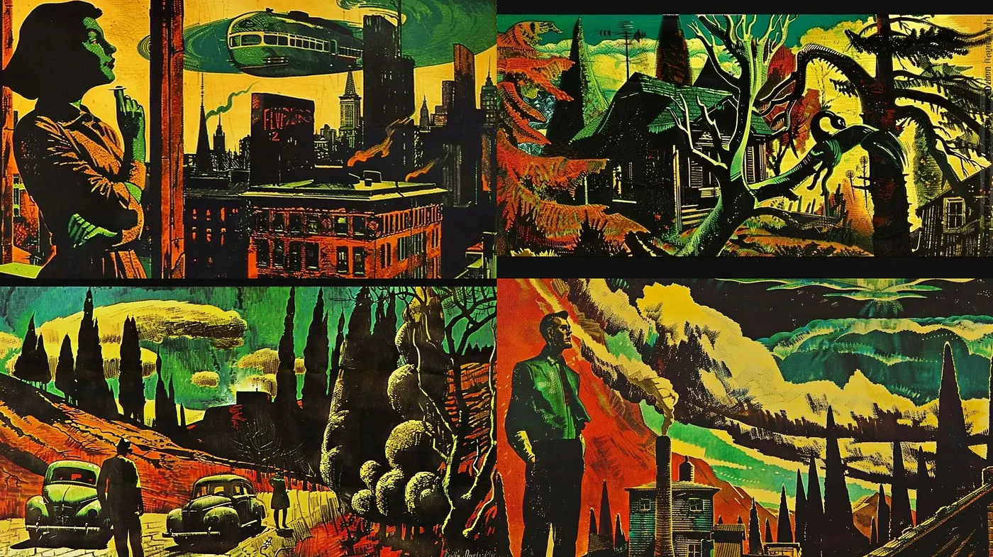 Eerie Futurism Meets Vintage Noir: A Meld of Shadowy Silhouettes and Expressionist Hues - Midjourney sref style