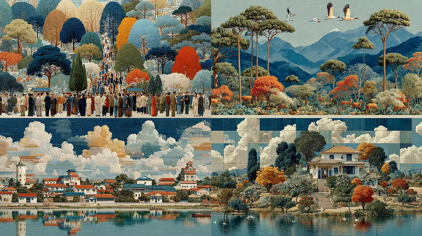 Whimsical and serene landscapes with a vibrant community atmosphere - Midjourney sref style