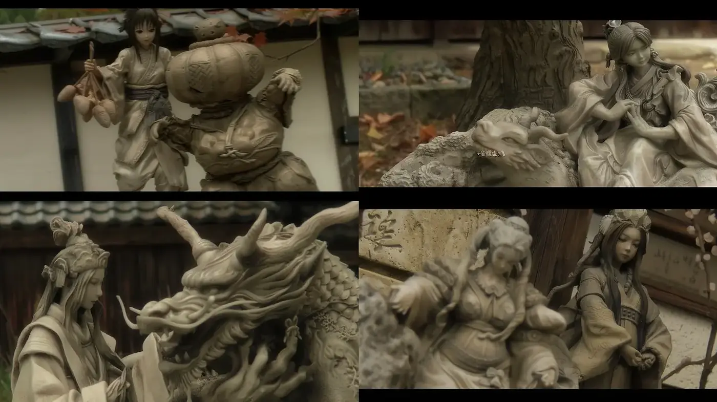 Soft and detailed textures in a mythical, serene setting reminiscent of East Asian art - Midjourney sref style