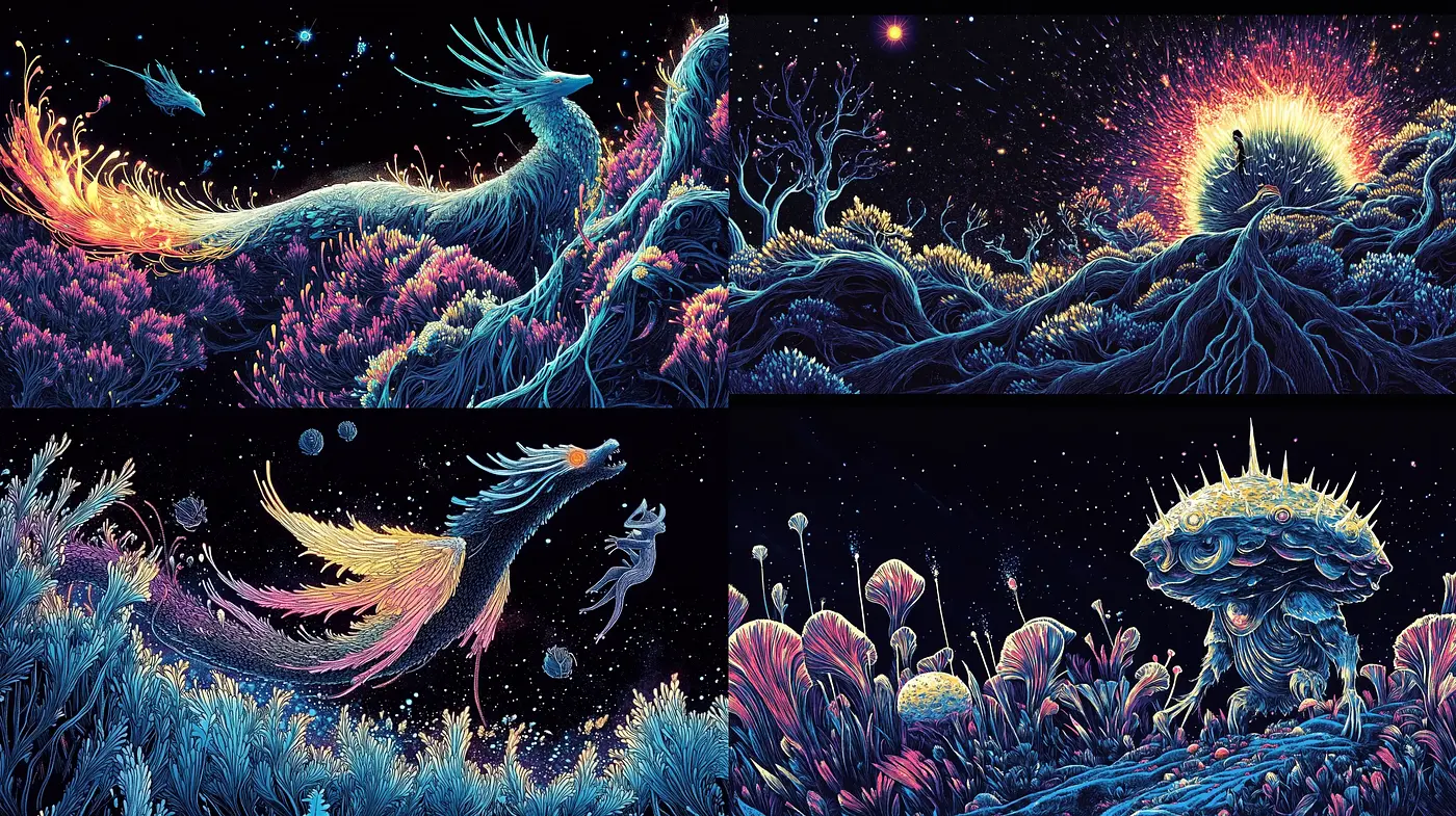 Enchanted Nocturnal Dreamscape with Cosmic Overtones - Midjourney sref style