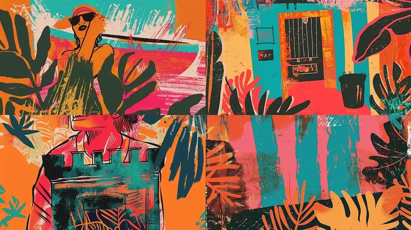 Vibrant and Playful Artistic Composition with Tropical Elements - Midjourney sref style