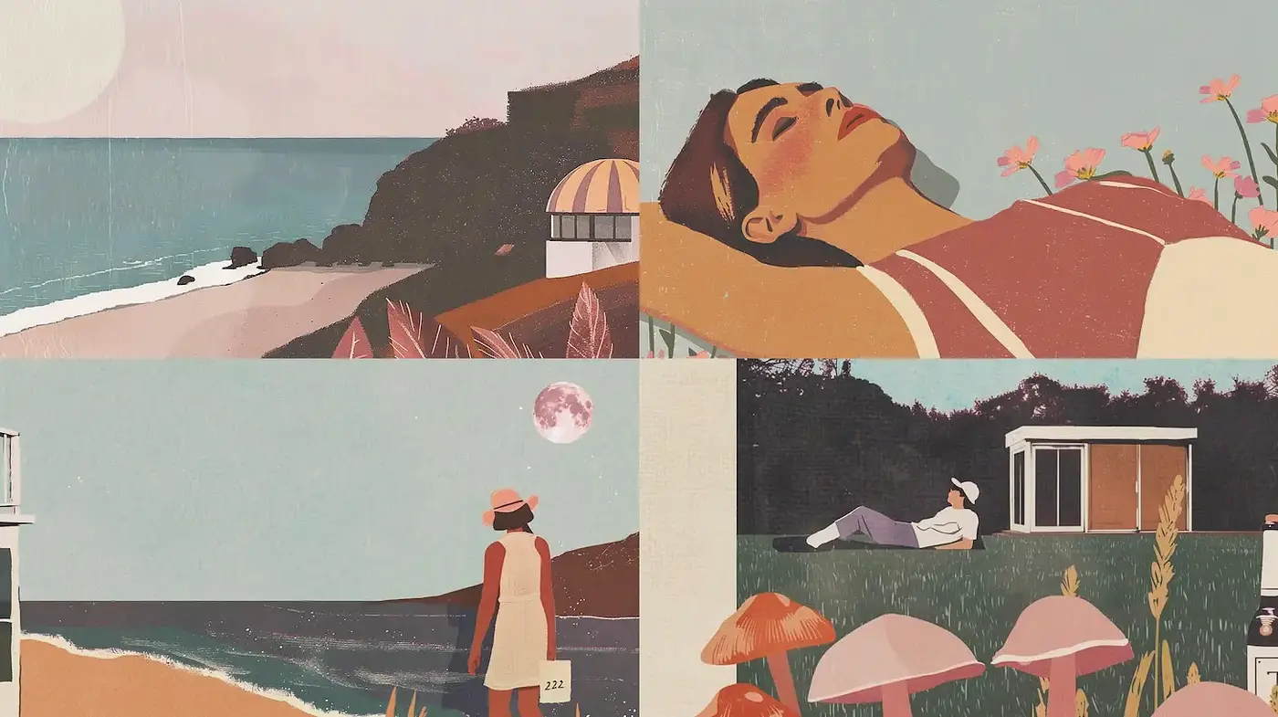 Serene and Illustrative Coastal Vignettes with a Soft Retro Aesthetic - Midjourney sref style