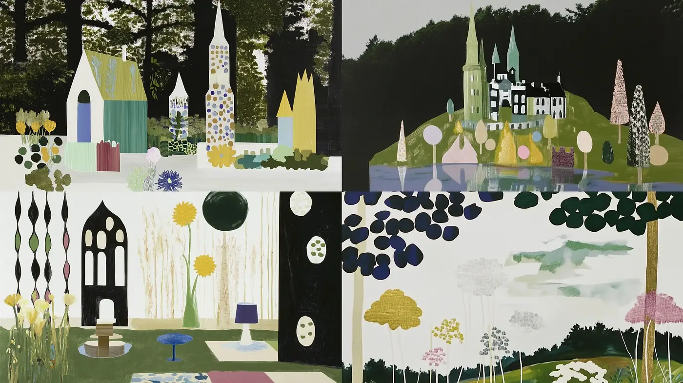 Modern Abstract Pastoral Scenes with a Whimsical Twist - Midjourney sref style