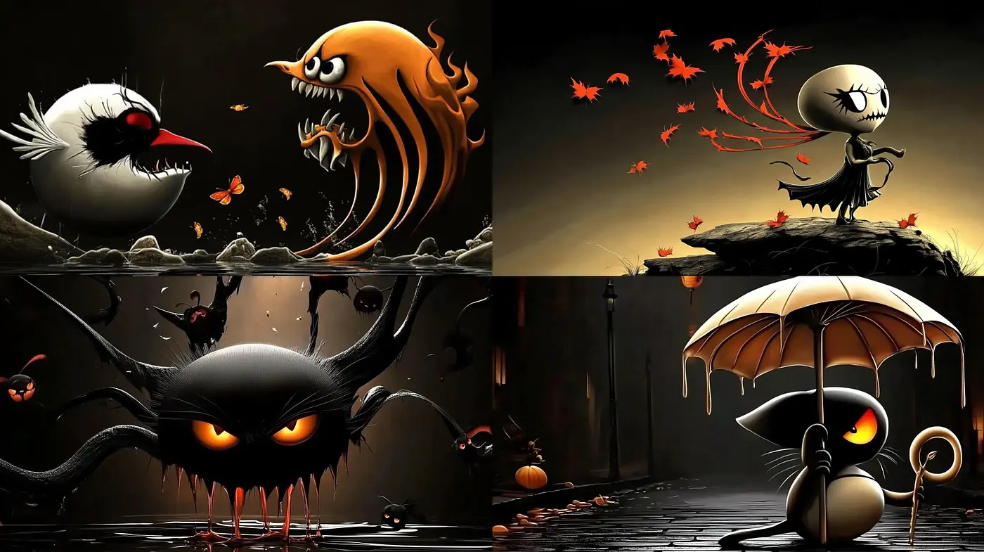Eerie Gothic Animated Fusion with a Surreal Twist - Midjourney sref style