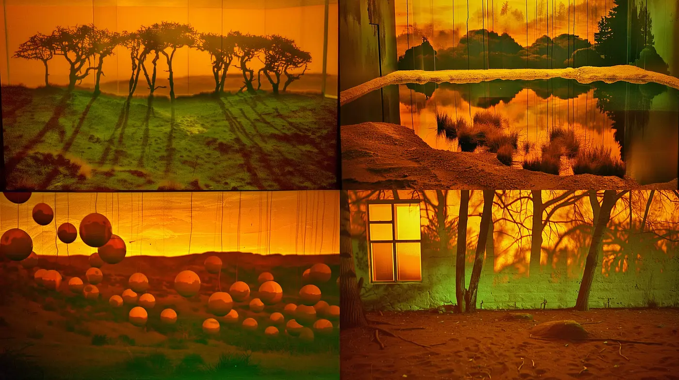 Amber Twilight Dreamscapes: A Synthesis of Surrealist Visions and Vintage Overtones - Midjourney sref style